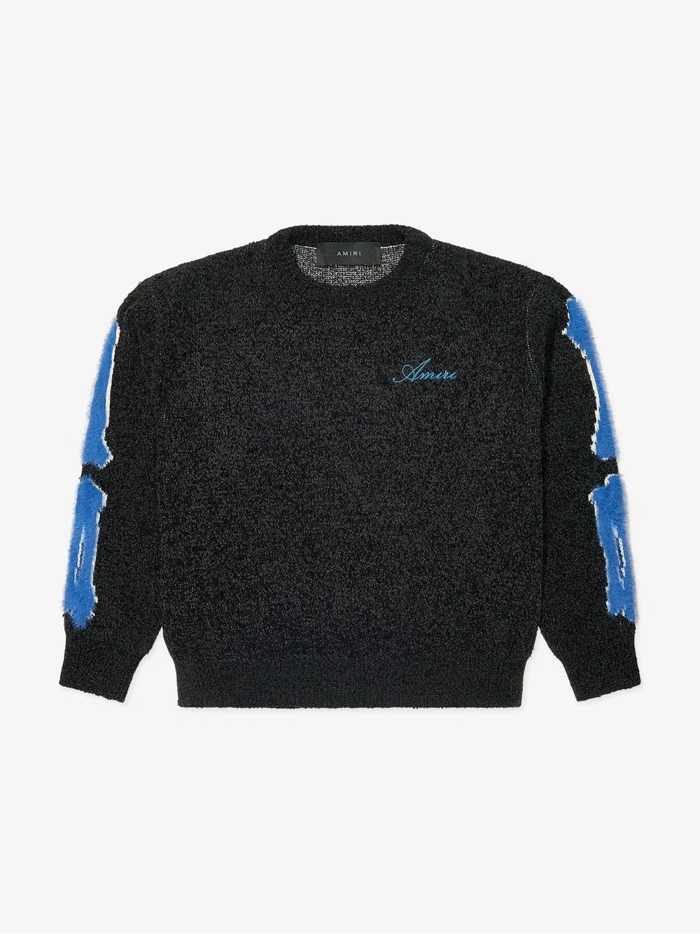 AMIRI Black Crewneck Sweater with Blue Sleeve Accents
